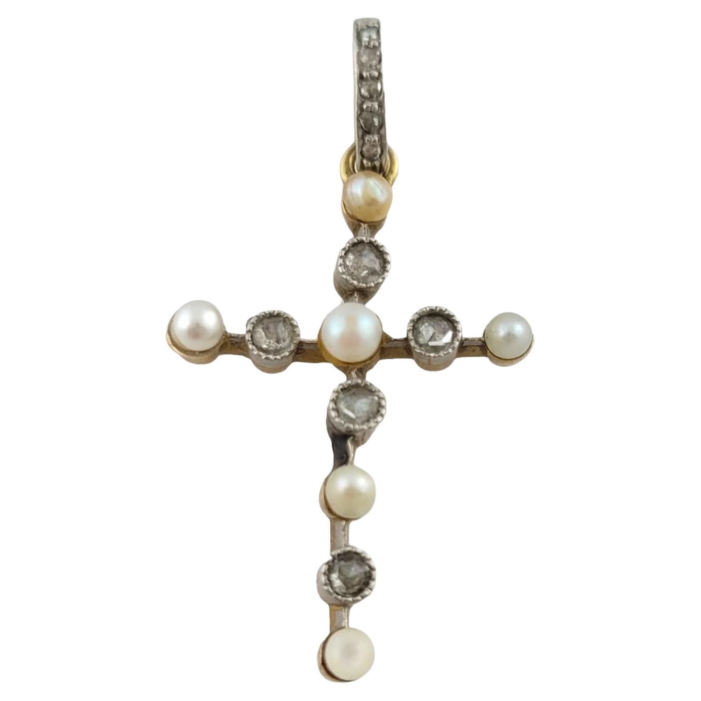 14K Yellow Gold Antique Pearl & Diamond Cross Pendant For Sale