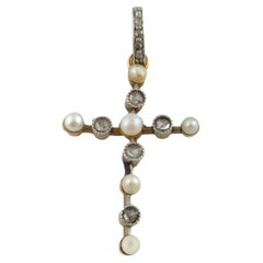 14K Yellow Gold Vintage Pearl & Diamond Cross Pendant