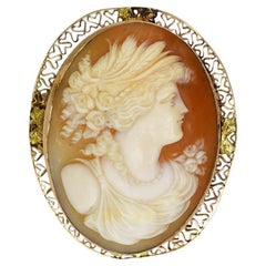 14k Yellow Gold Antique Shell Cameo Brooch, 13g