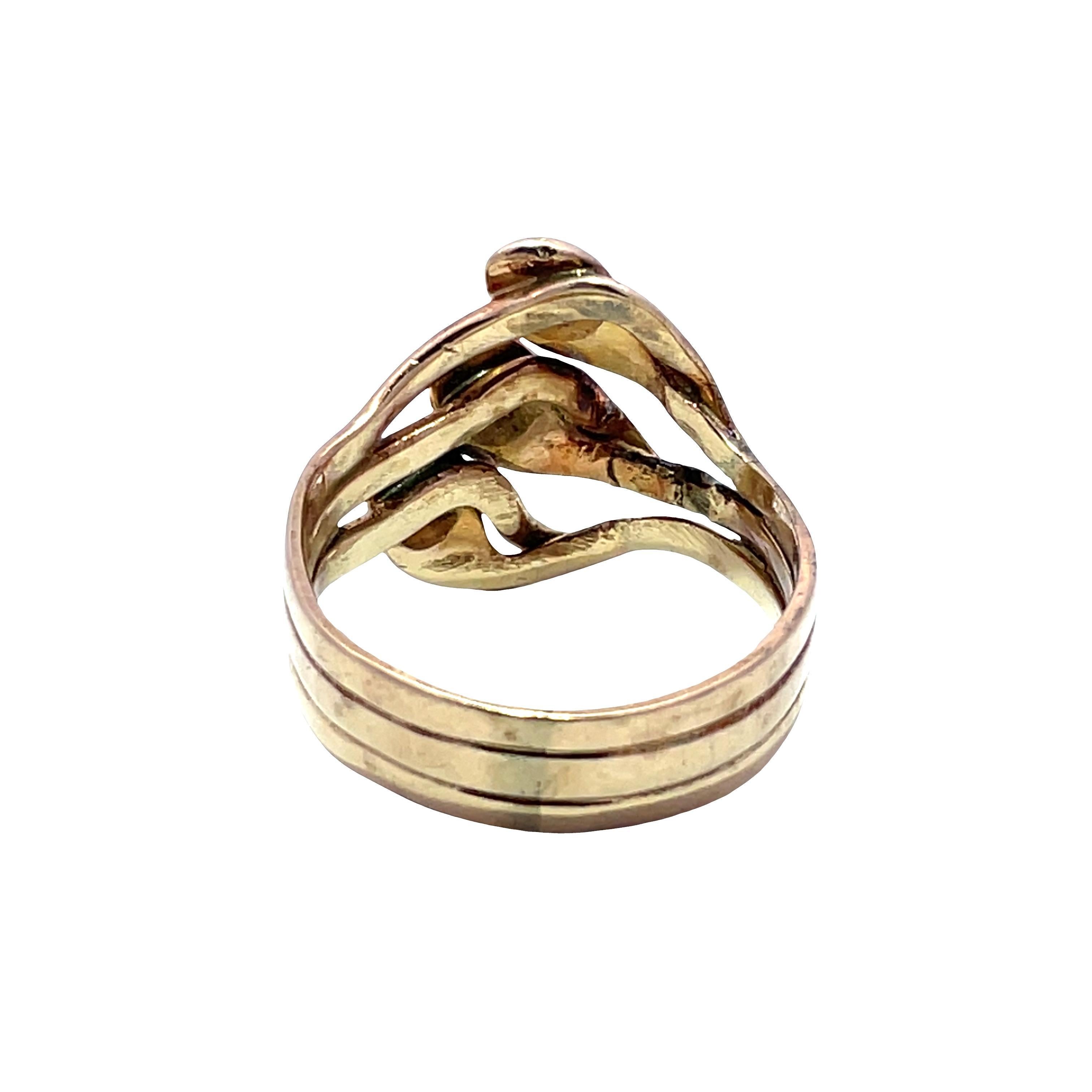 Anillo Triple Serpiente Antiguo de Oro Amarillo de 14k con Diamantes talla Euro Antiguo Moderno en venta