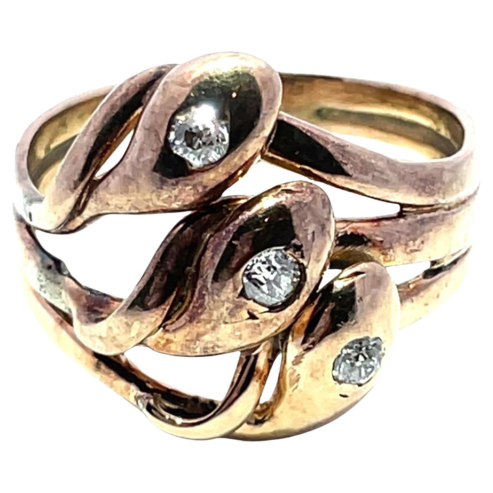 14k Yellow Gold Antique Triple Snake Ring with Old Euro Cut Diamonds