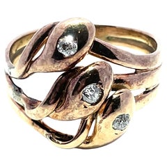 14k Yellow Gold Antique Triple Snake Ring with Old Euro Cut Diamonds