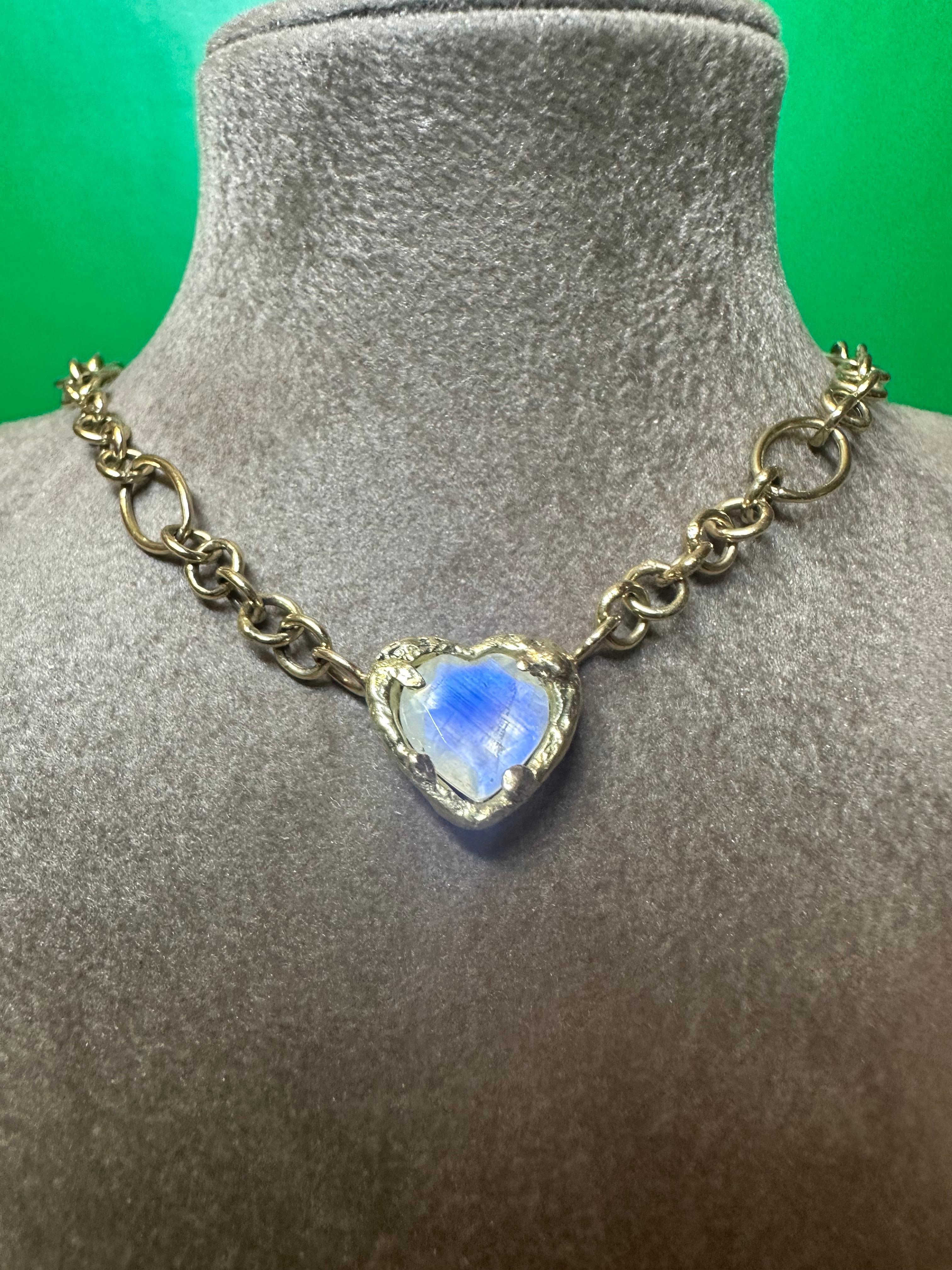 Women's Rainbow Moonstone Heart Necklace in Gold One of a Kind in stock For Sale
