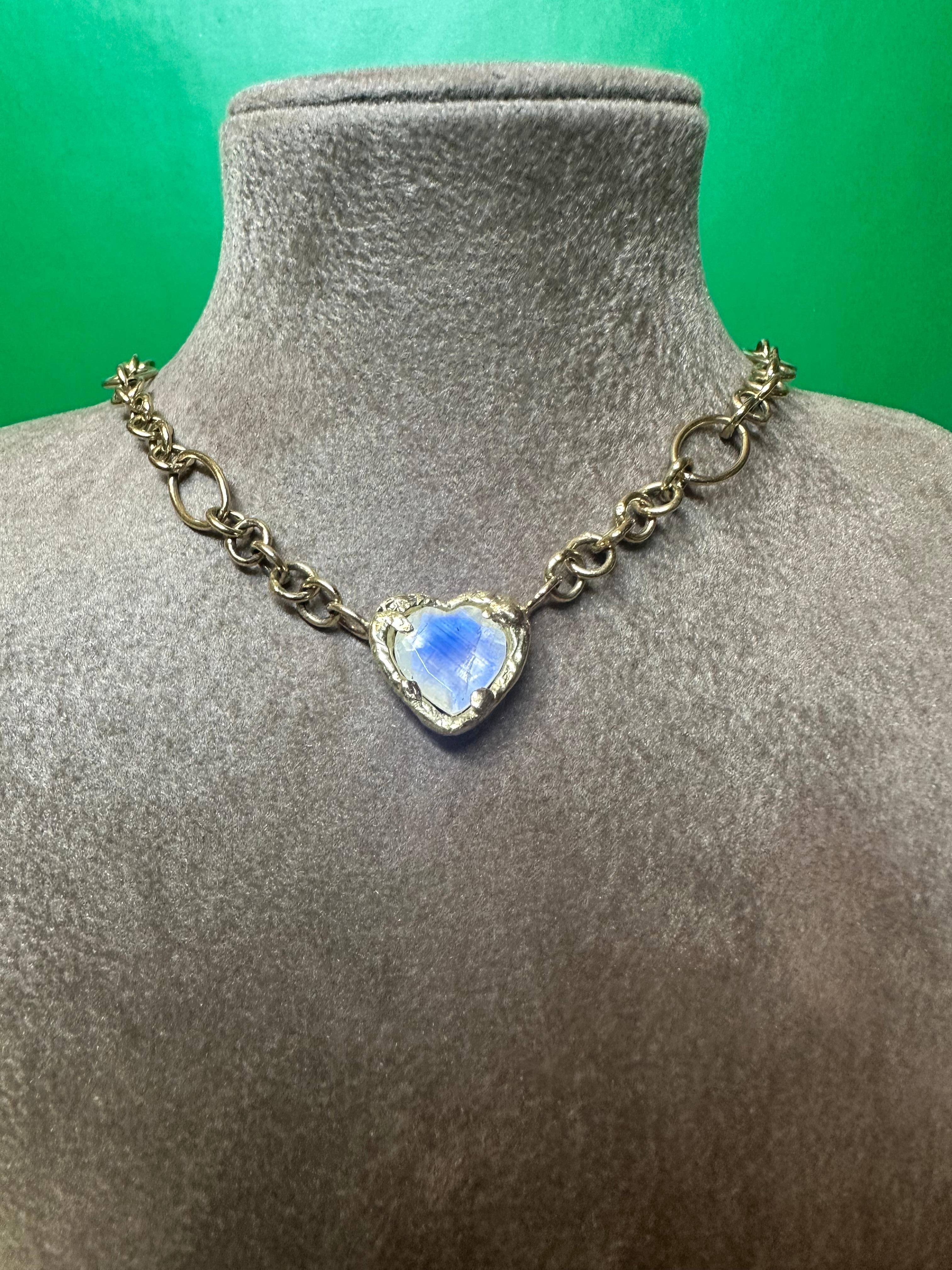 Rainbow Moonstone Heart Necklace in Gold One of a Kind in stock For Sale 1