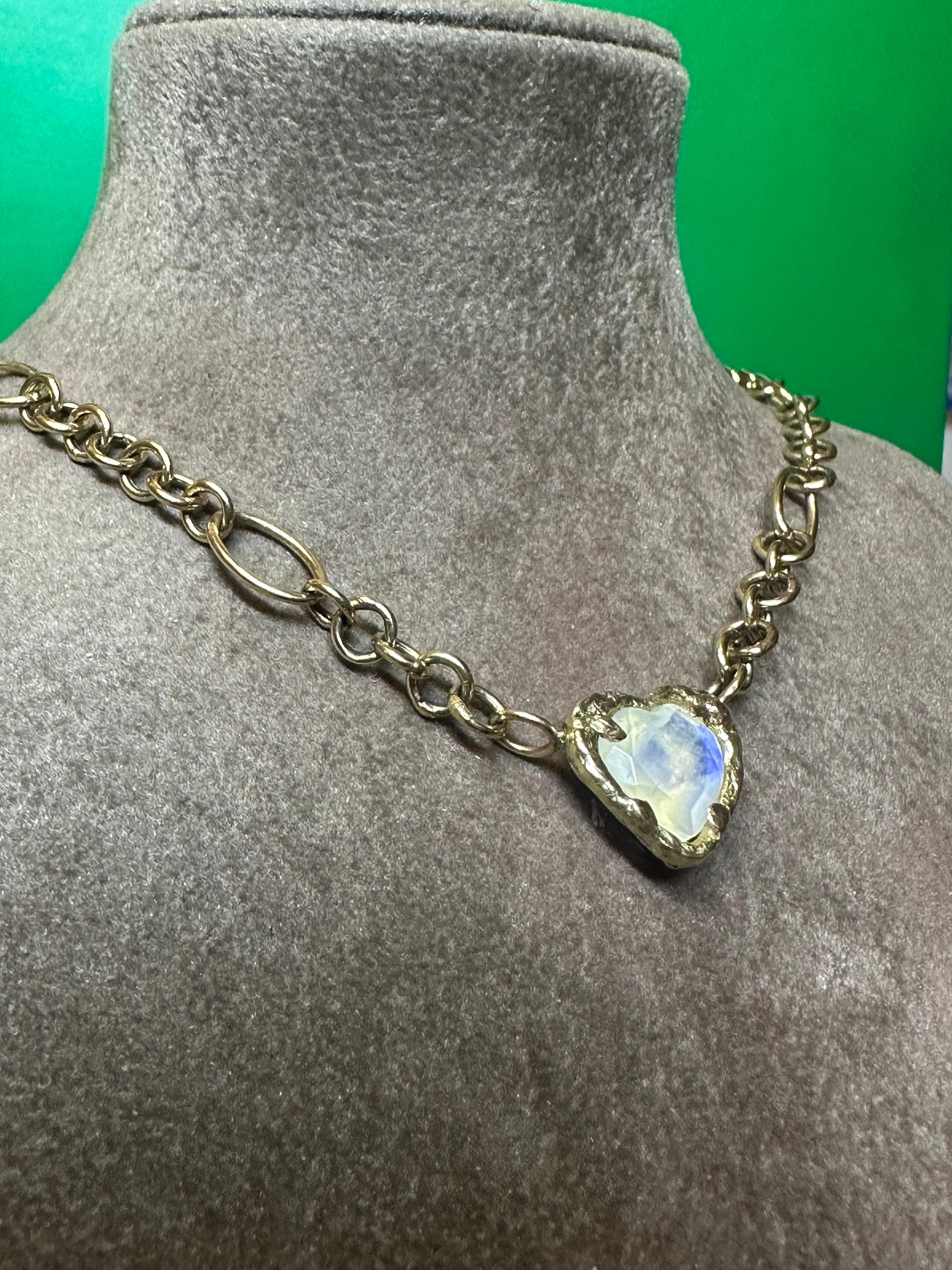 Rainbow Moonstone Heart Necklace in Gold One of a Kind in stock For Sale 3