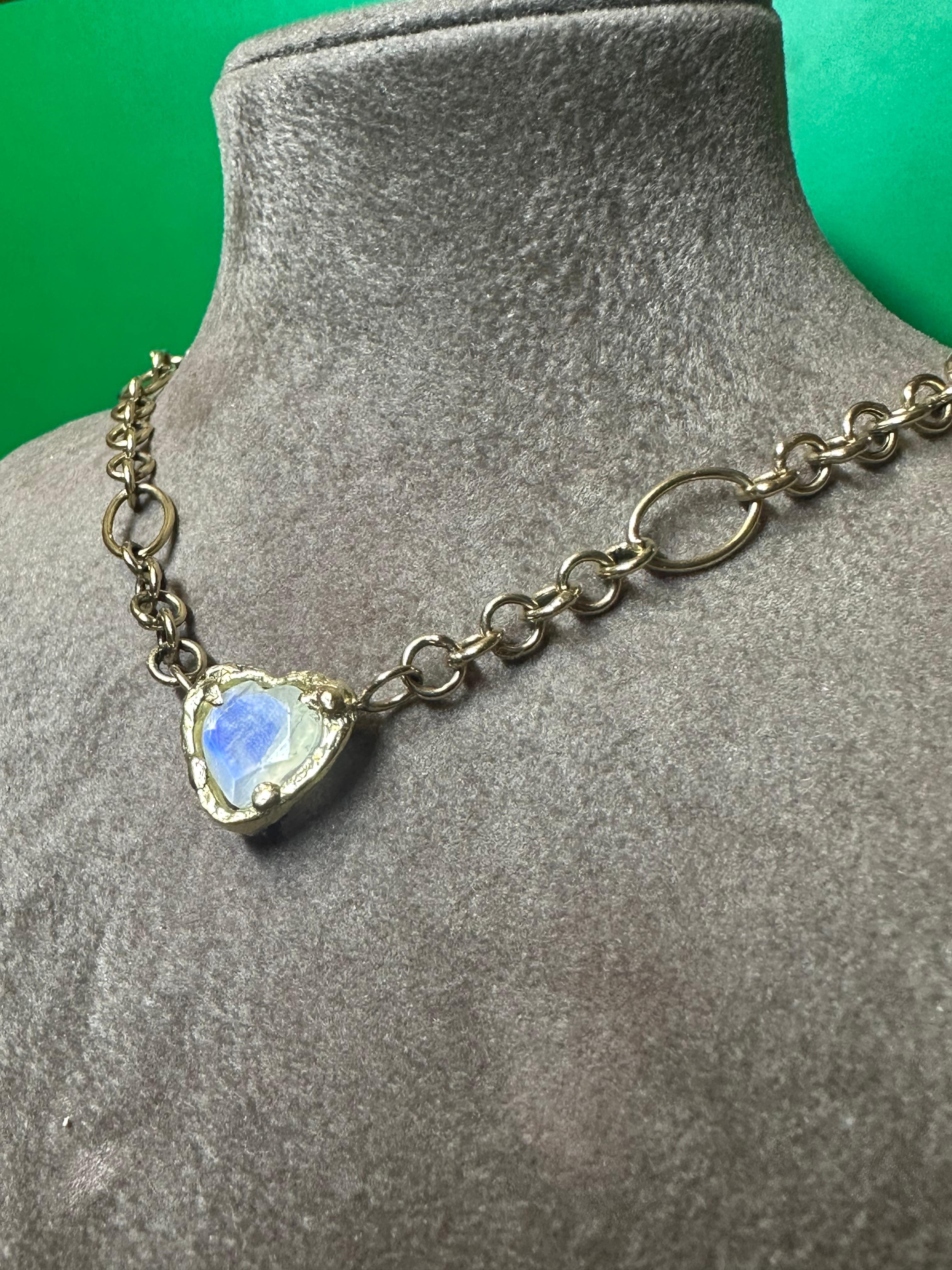 Romantic Rainbow Moonstone Heart Necklace in Gold One of a Kind in stock For Sale