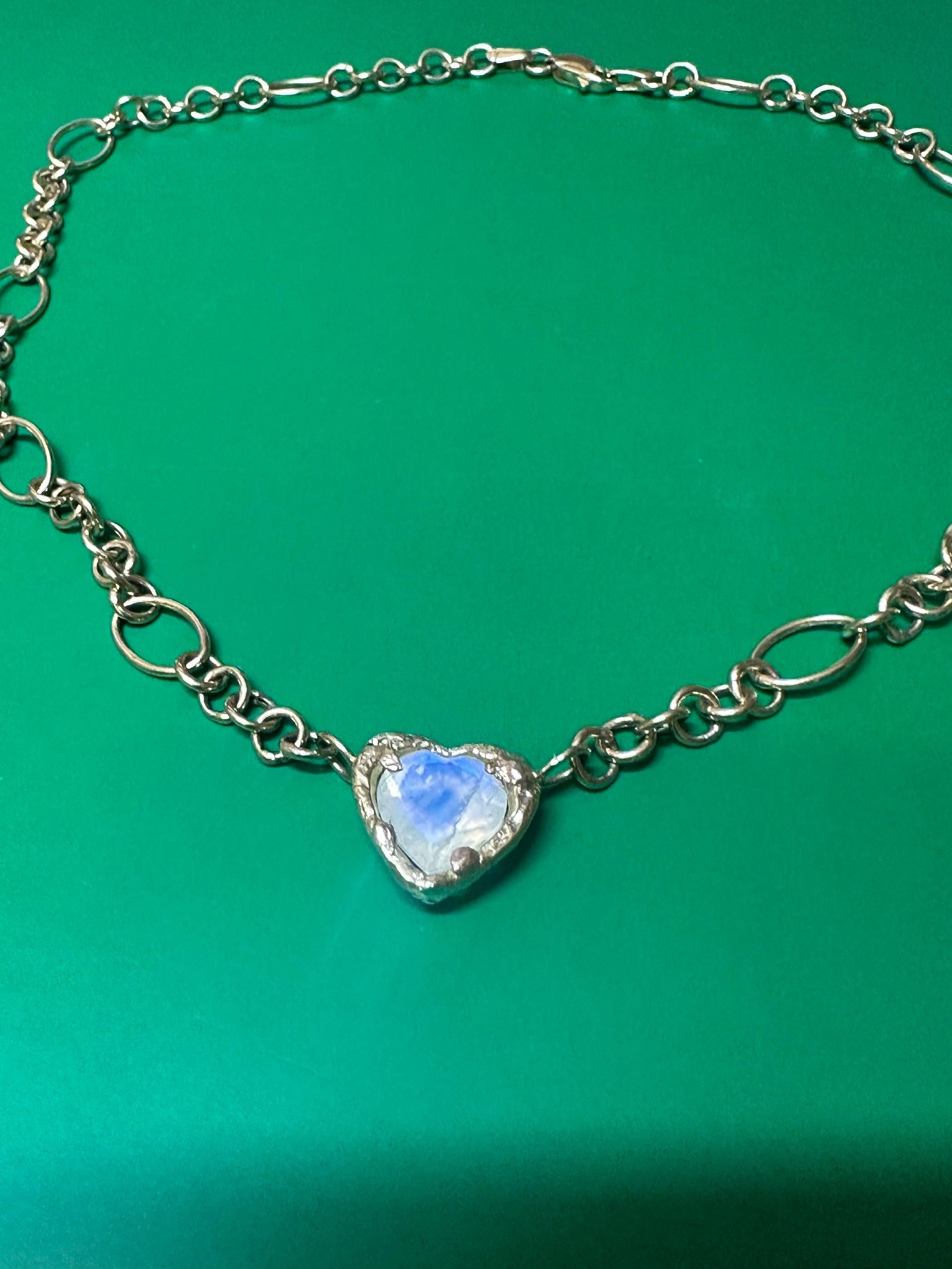 Heart Cut Rainbow Moonstone Heart Necklace in Gold One of a Kind in stock For Sale