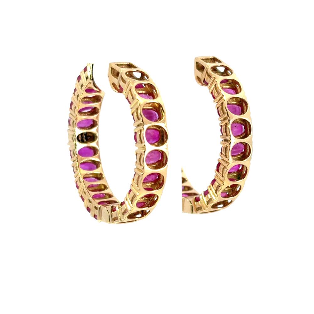 14k Yellow Gold approx. 10ctw Ruby and 0.11ctw Diamond Hoop Earrings For Sale 4