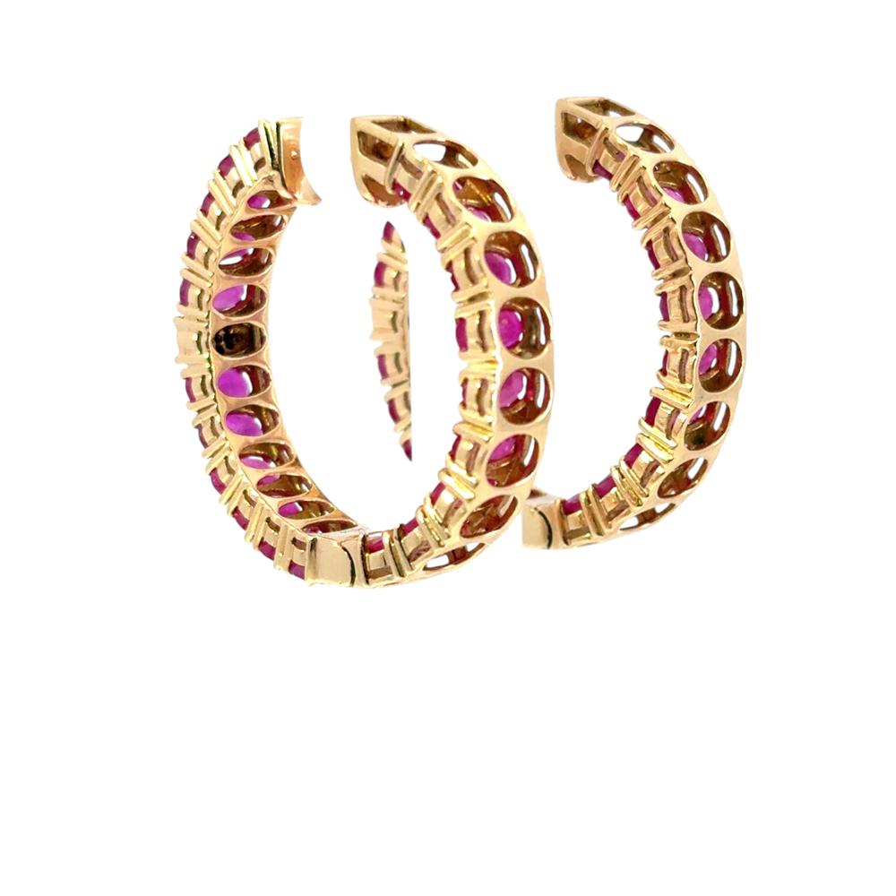 14k Yellow Gold approx. 10ctw Ruby and 0.11ctw Diamond Hoop Earrings For Sale 5