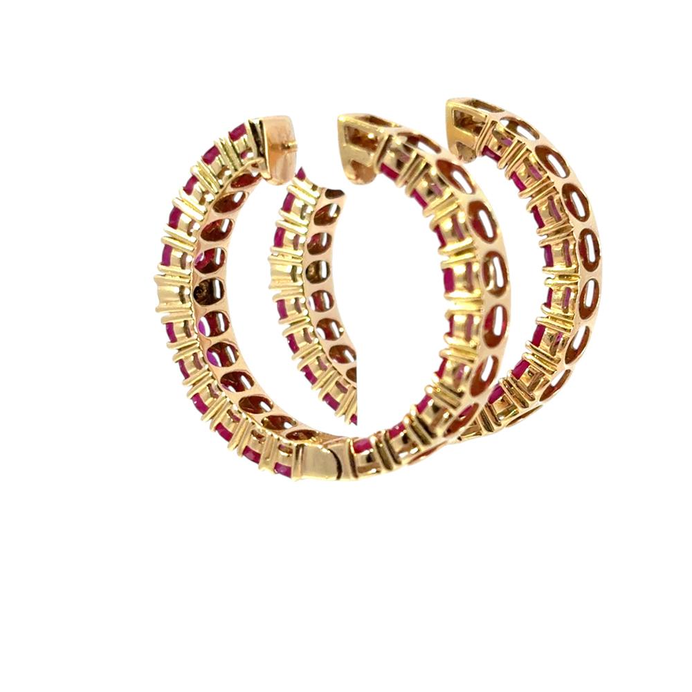 14k Yellow Gold approx. 10ctw Ruby and 0.11ctw Diamond Hoop Earrings For Sale 6