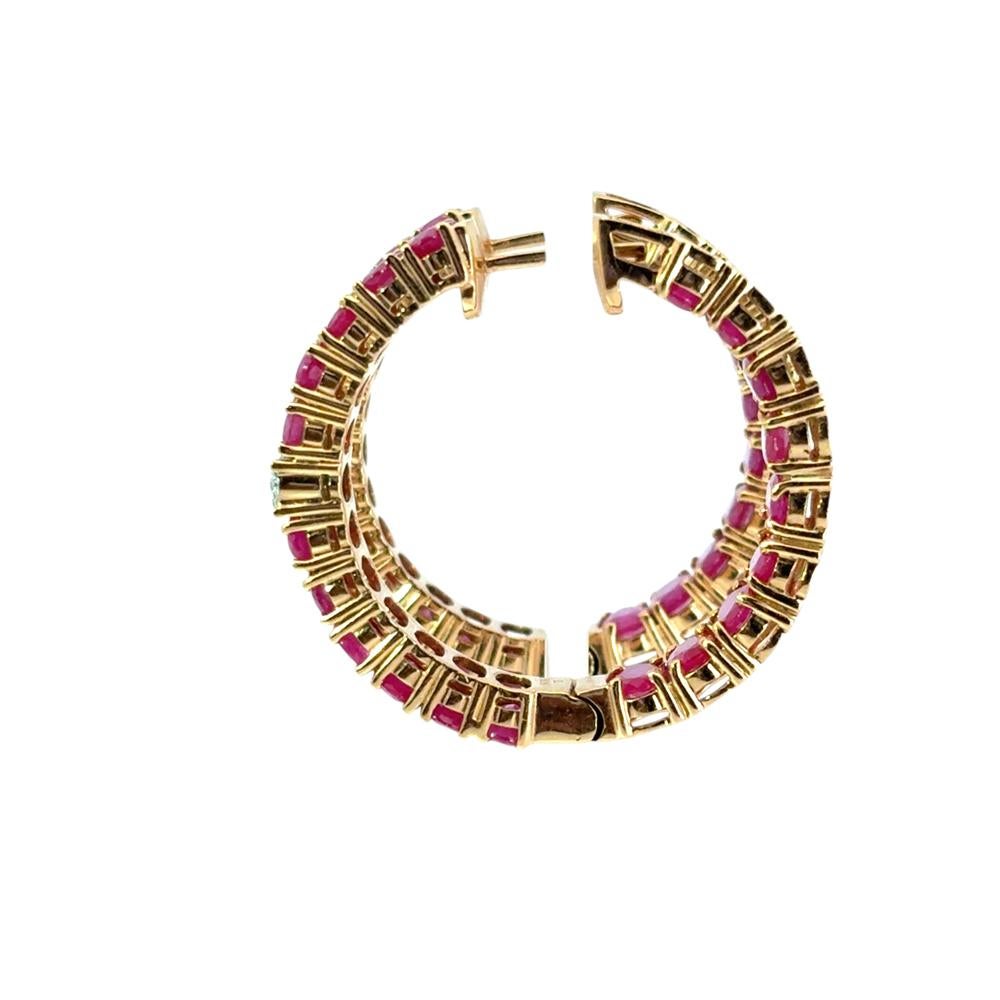 14k Yellow Gold approx. 10ctw Ruby and 0.11ctw Diamond Hoop Earrings For Sale 7
