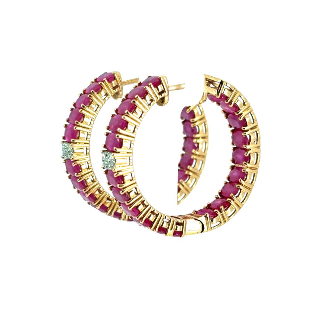 14k Yellow Gold approx. 10ctw Ruby and 0.11ctw Diamond Hoop Earrings For Sale 9