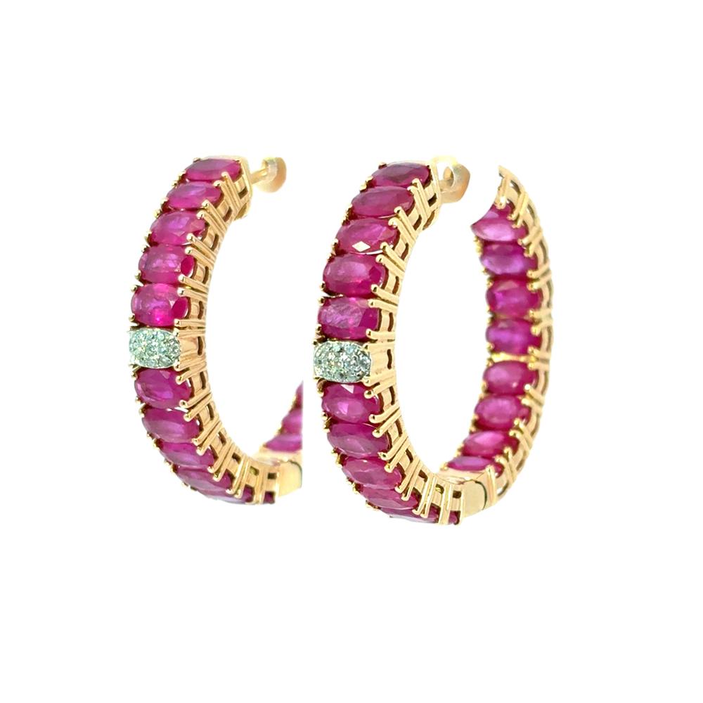 14k Yellow Gold approx. 10ctw Ruby and 0.11ctw Diamond Hoop Earrings For Sale 10