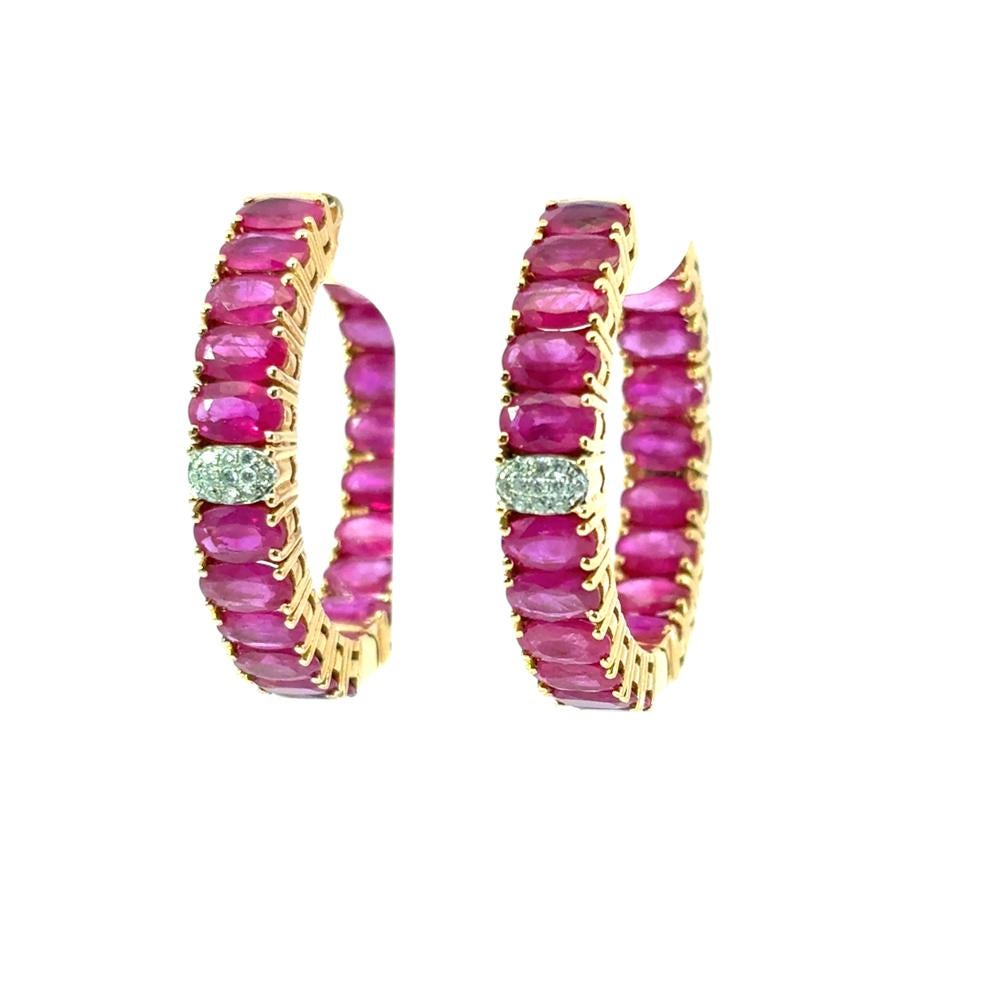 14k Yellow Gold approx. 10ctw Ruby and 0.11ctw Diamond Hoop Earrings For Sale 11