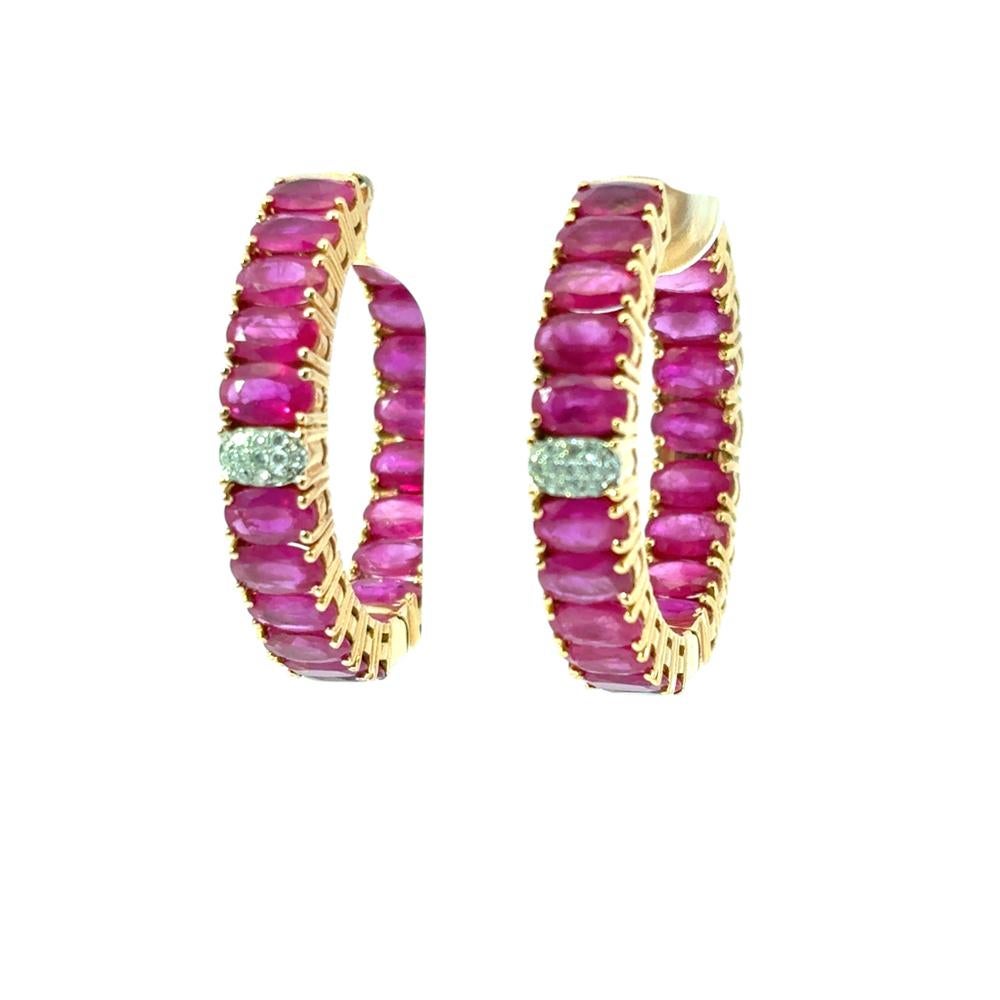 14k Yellow Gold approx. 10ctw Ruby and 0.11ctw Diamond Hoop Earrings For Sale 12