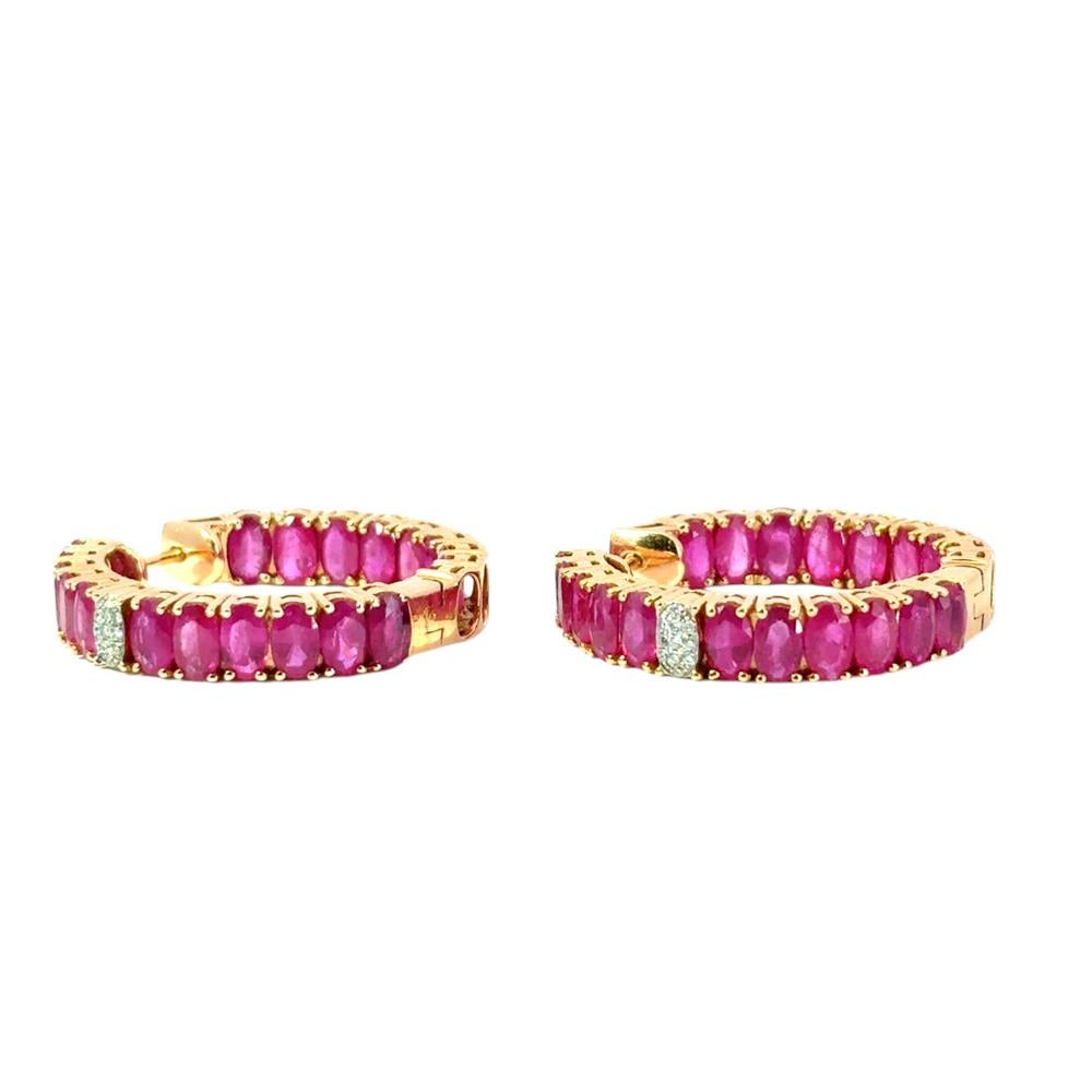 14k Yellow Gold approx. 10ctw Ruby and 0.11ctw Diamond Hoop Earrings For Sale 13