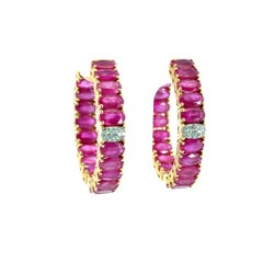 14k Yellow Gold approx. 10ctw Ruby and 0.11ctw Diamond Hoop Earrings
