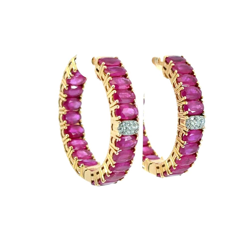 Modern 14k Yellow Gold approx. 10ctw Ruby and 0.11ctw Diamond Hoop Earrings For Sale