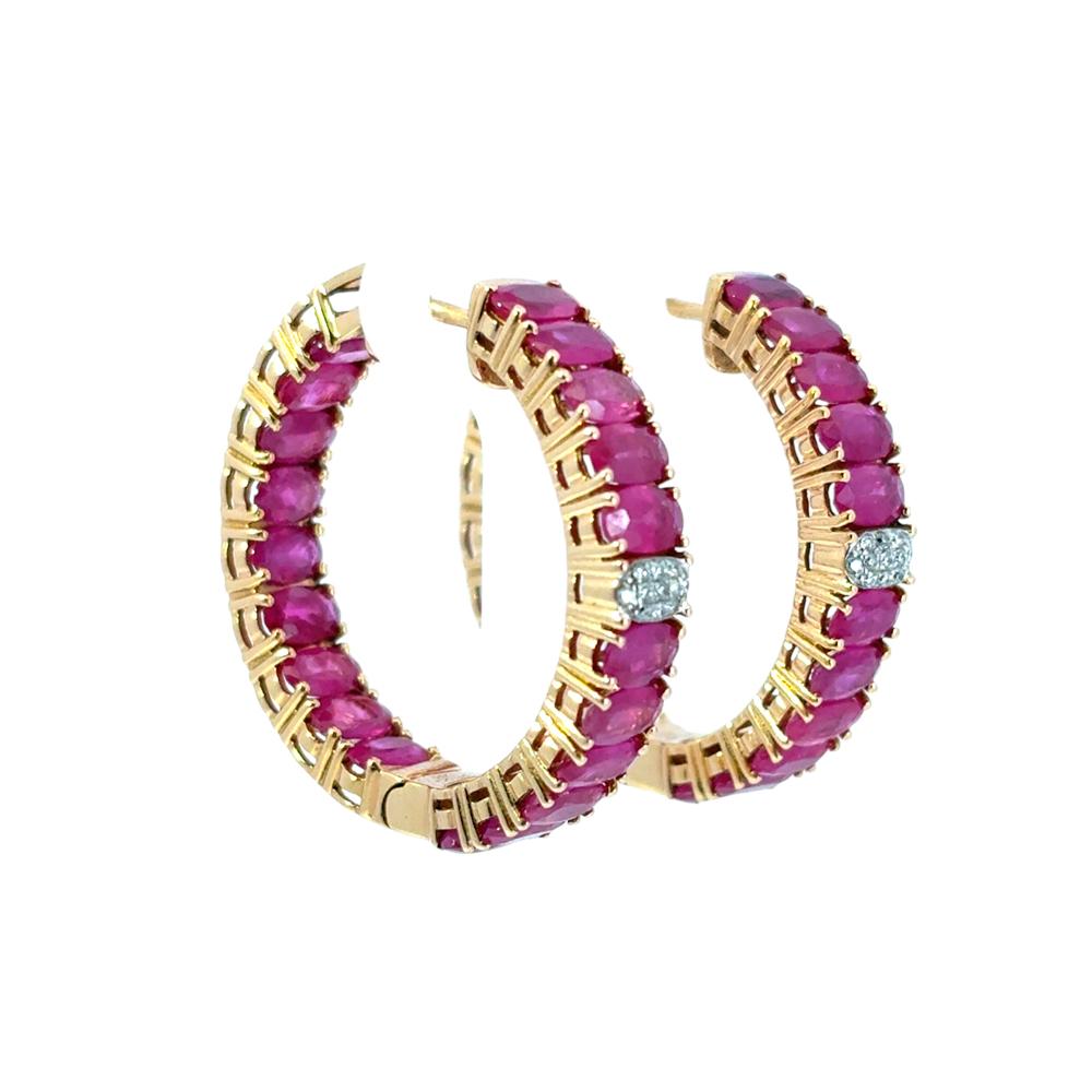 Oval Cut 14k Yellow Gold approx. 10ctw Ruby and 0.11ctw Diamond Hoop Earrings For Sale