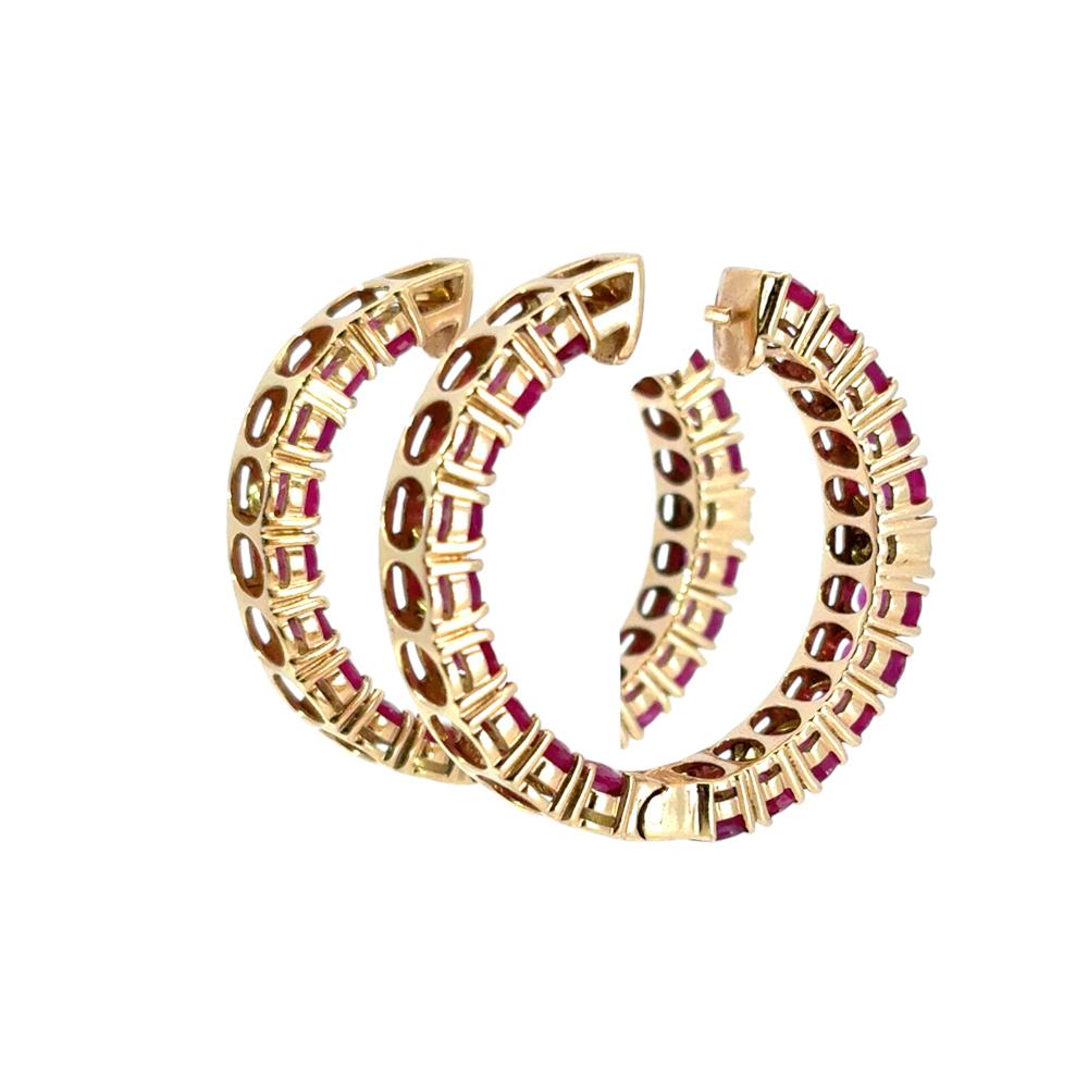14k Yellow Gold approx. 10ctw Ruby and 0.11ctw Diamond Hoop Earrings In Excellent Condition For Sale In Boca Raton, FL