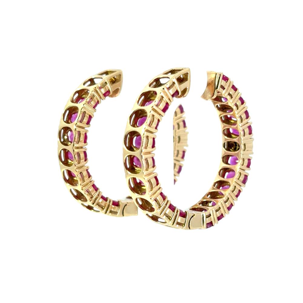 Women's 14k Yellow Gold approx. 10ctw Ruby and 0.11ctw Diamond Hoop Earrings For Sale