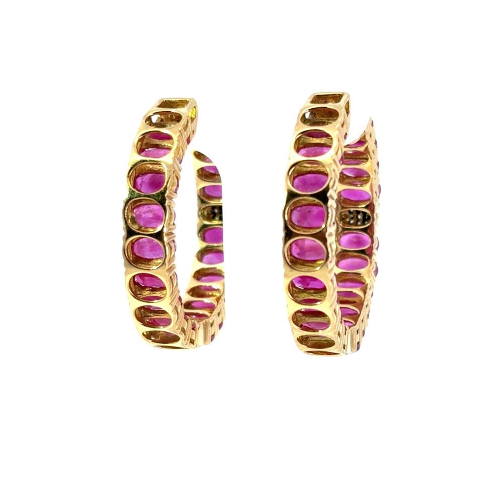14k Yellow Gold approx. 10ctw Ruby and 0.11ctw Diamond Hoop Earrings For Sale 1