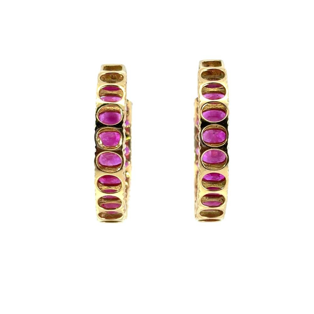 14k Yellow Gold approx. 10ctw Ruby and 0.11ctw Diamond Hoop Earrings For Sale 2