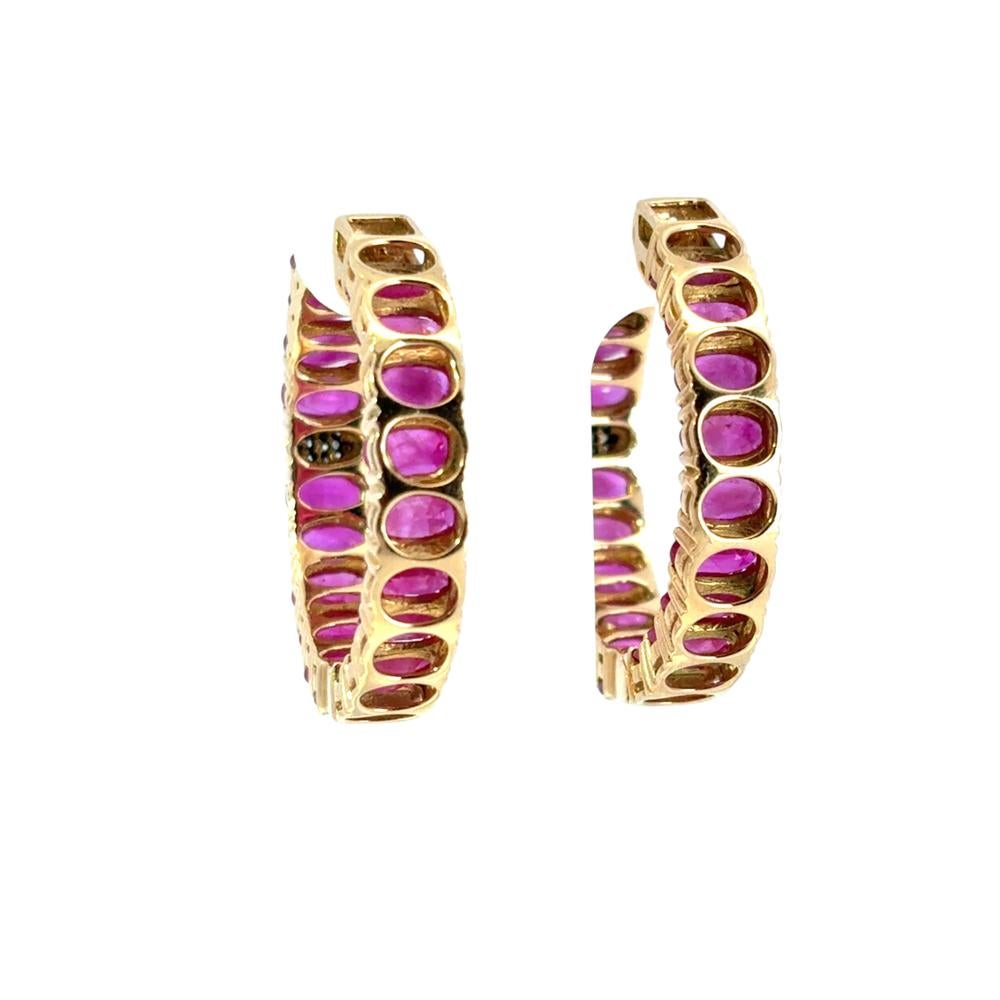 14k Yellow Gold approx. 10ctw Ruby and 0.11ctw Diamond Hoop Earrings For Sale 3