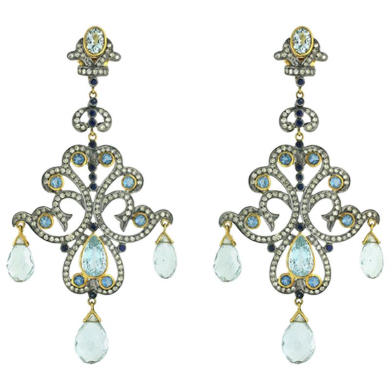 14 Karat Yellow Gold Aquamarine 3.12 Carat Diamond Sapphire Dangle Earrings