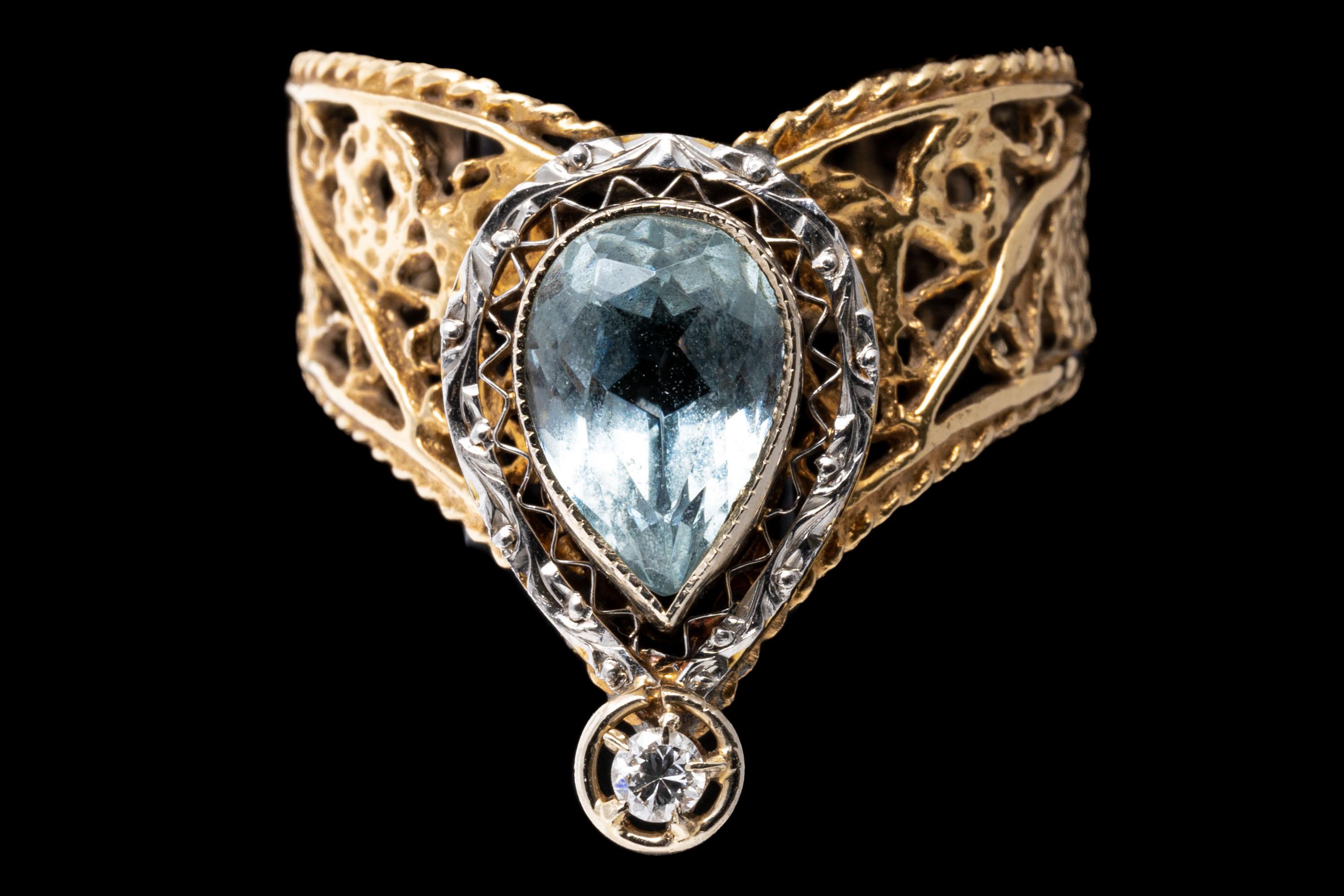 Bague en or jaune 14k avec aigue-marine et diamant en filigrane 