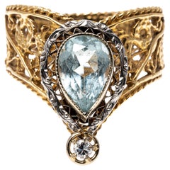 14k Yellow Gold Aquamarine An Diamond Filigree "V" Ring