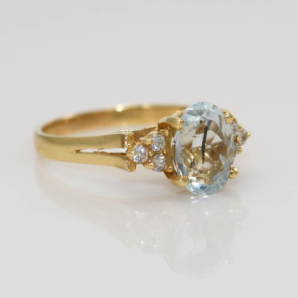 14K Yellow Gold Aquamarine and Diamond Ring, 3.6gr 1