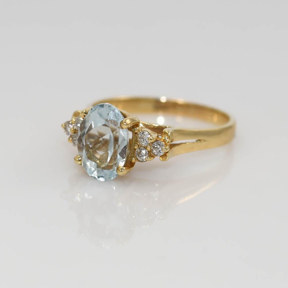 14K Yellow Gold Aquamarine and Diamond Ring, 3.6gr 3
