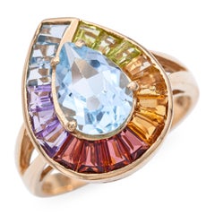 14k Yellow Gold Aquamarine and Multi Gemstone Halo Ring