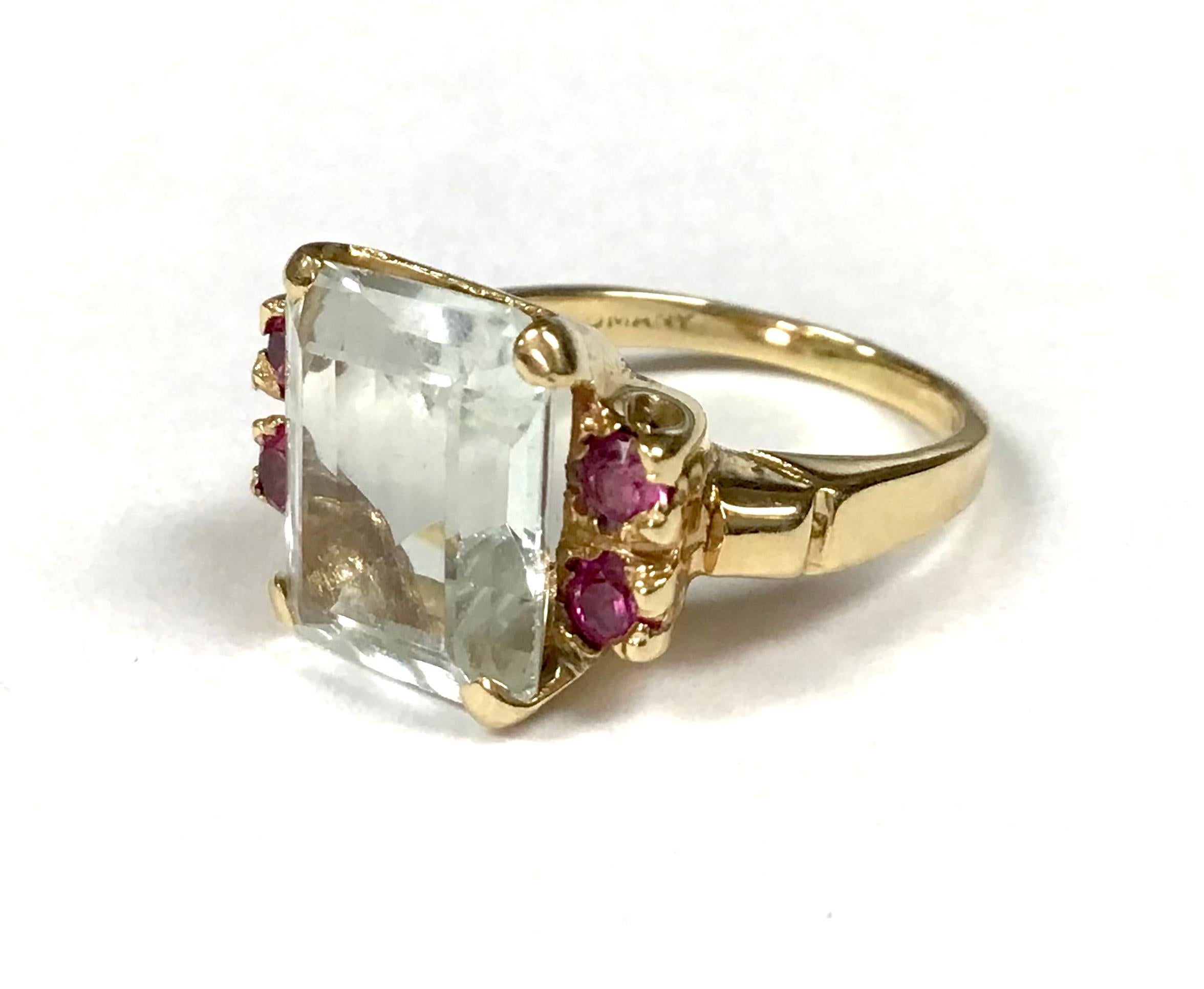 Emerald Cut 14K Yellow Gold, Aquamarine And Ruby Ring For Sale