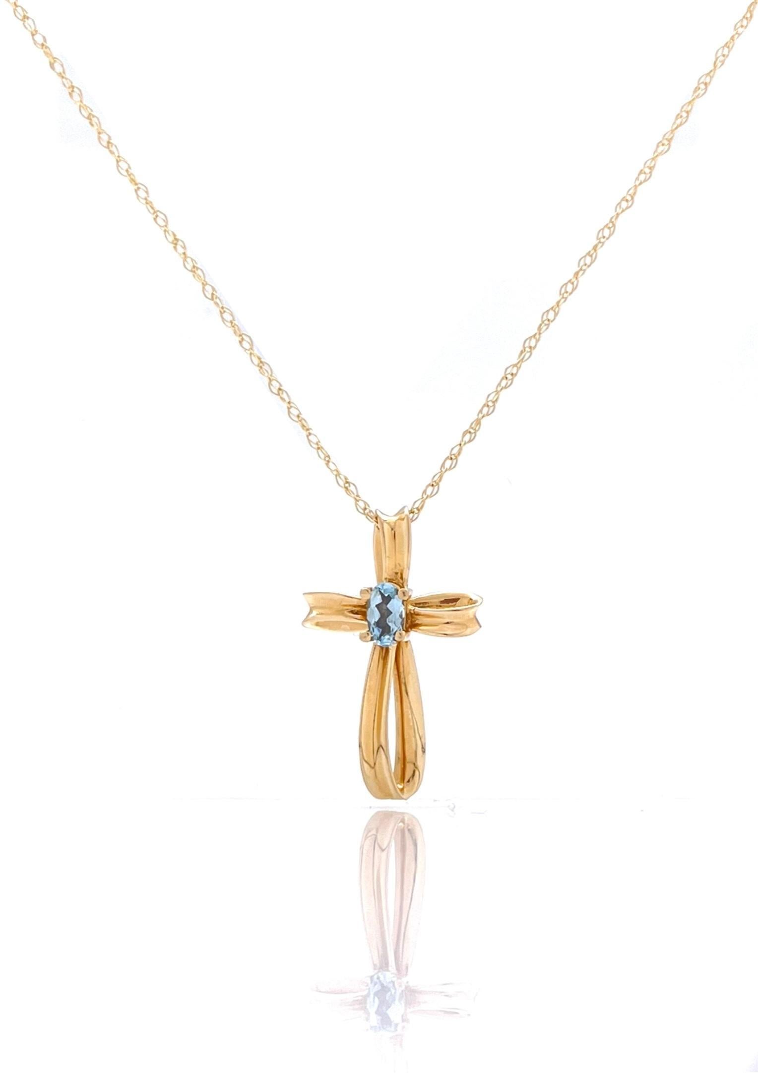 Collier croix en or jaune 14K avec aigue-marine en pendentif en vente 3