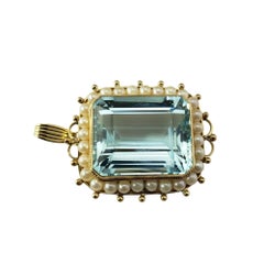 Spilla/pendente in oro giallo 14K con acquamarina e perle coltivate #21715