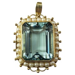 14K Yellow Gold Aquamarine & Cultured Pearl Brooch/Pendant #21715