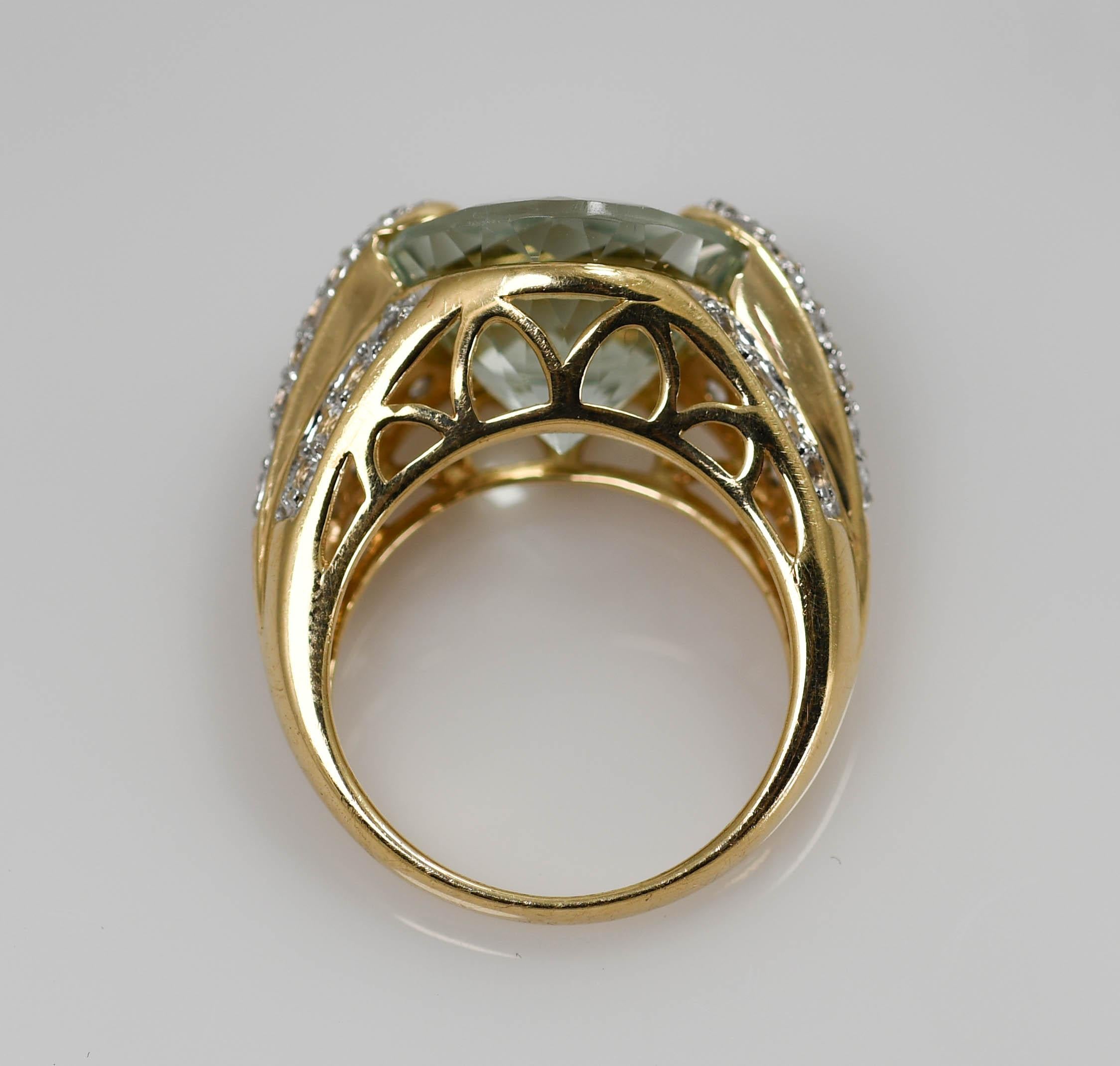 Aquamarine and diamond ring in 14k yellow gold.
Stamped 14k and weighs 4 grams.
The center stone is an oval shape aquamarine, 3.00 carats, nice light blue color.
On the sides are two round brilliant diamonds, .18 total carats, i to j color, VS
