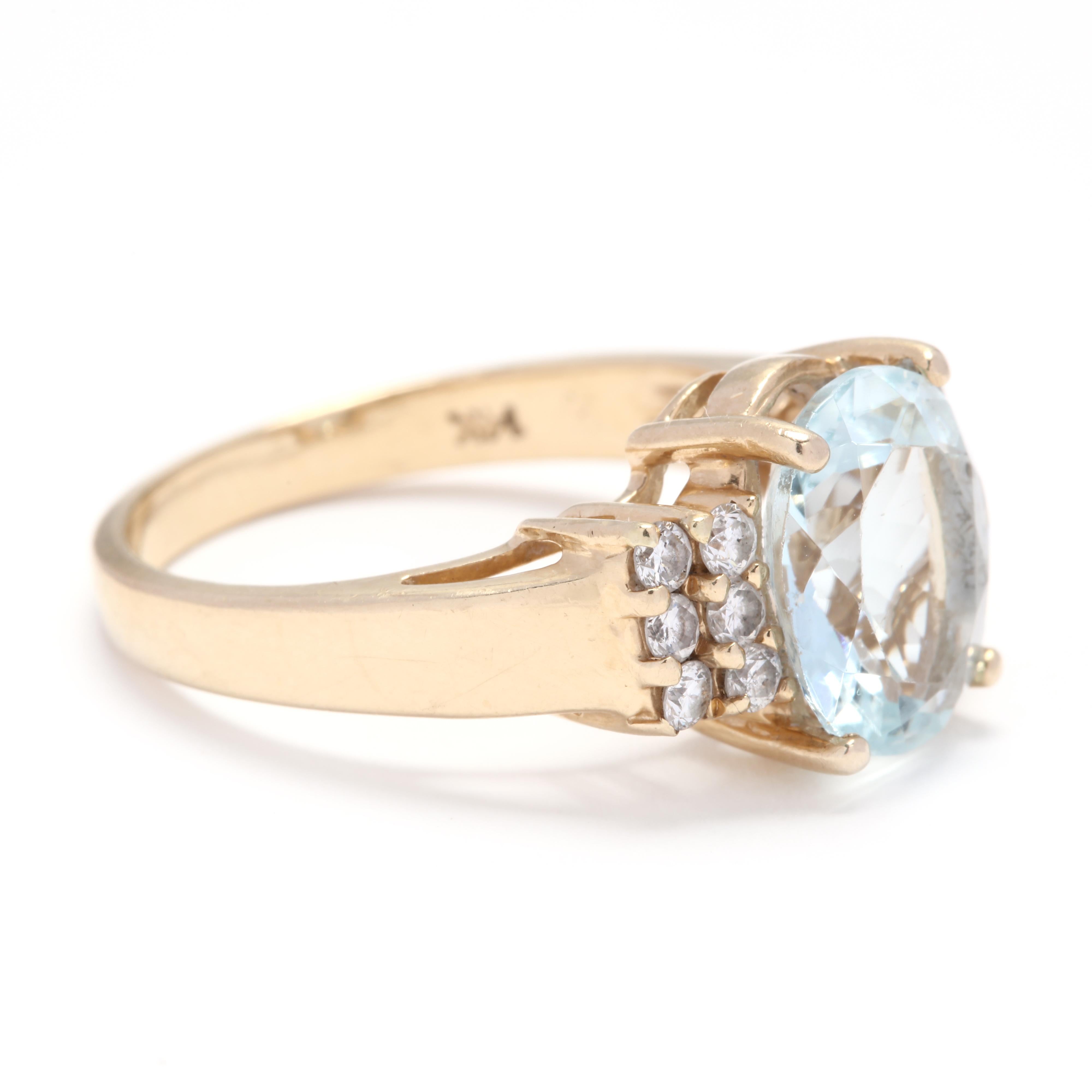 A 14 karat yellow gold, aquamarine and diamond ring. This ring features a prong set, oval cut light blue aquamarine with two rows of full cut round diamonds on either side and a slightly tapered shank. A beautiful something blue! 

Stones:
-