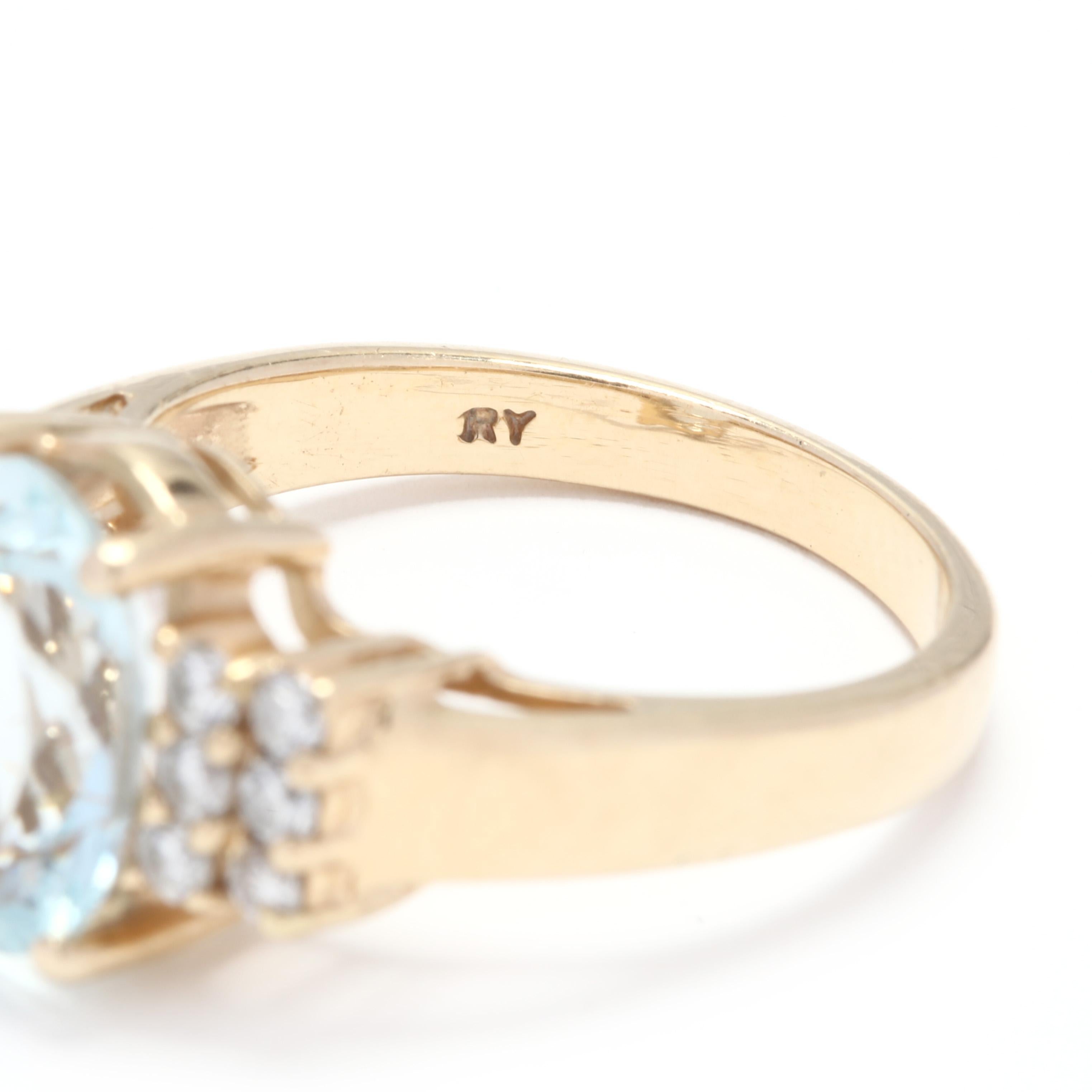 Oval Cut 14 Karat Yellow Gold, Aquamarine and Diamond Ring, March Birthstone Ring