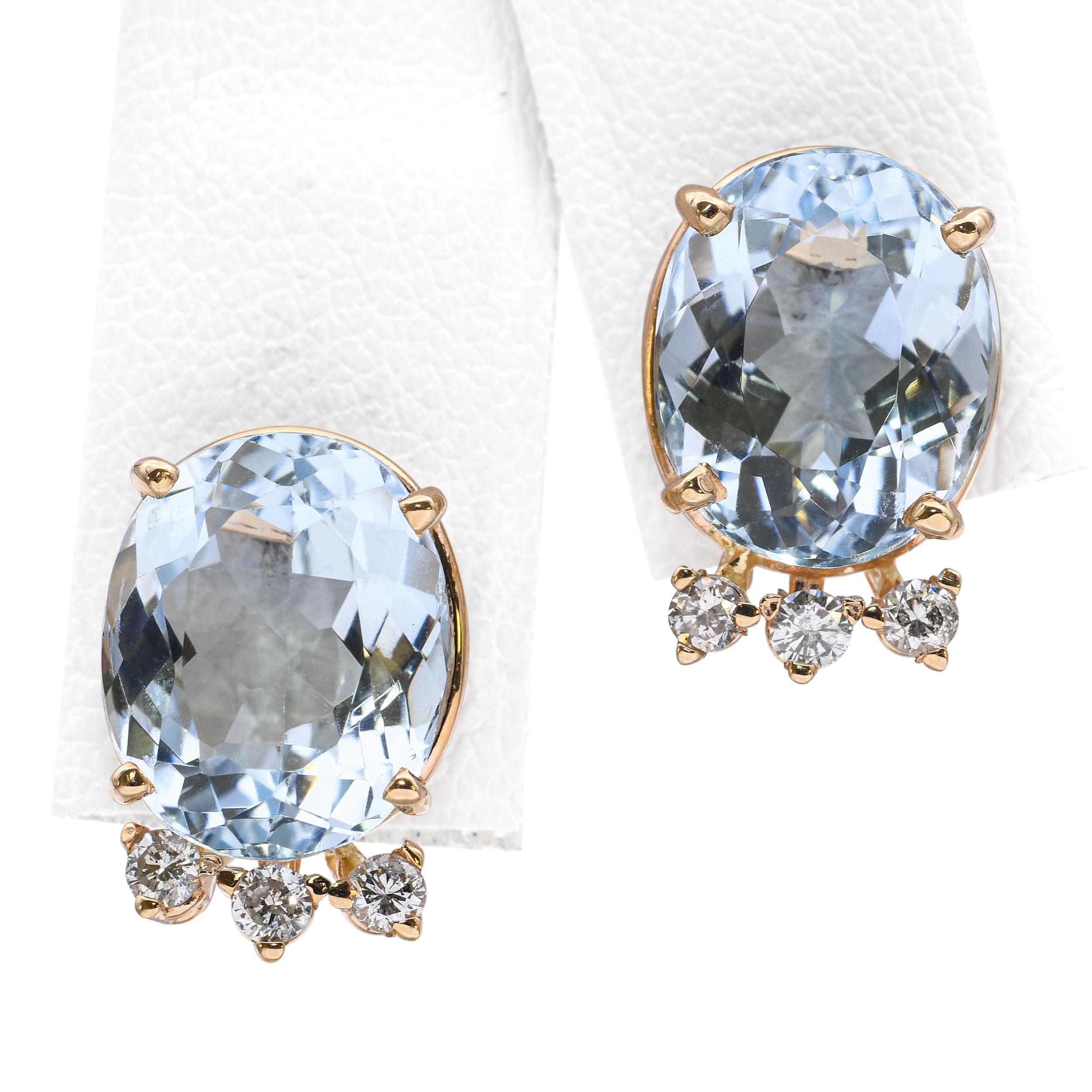 14k Gelbgold Aquamarin-Diamant-Ohrstecker Damen im Angebot