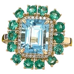 14k Yellow Gold Aquamarine Engagement Ring Emerald Halo Wedding Ring Jewelry