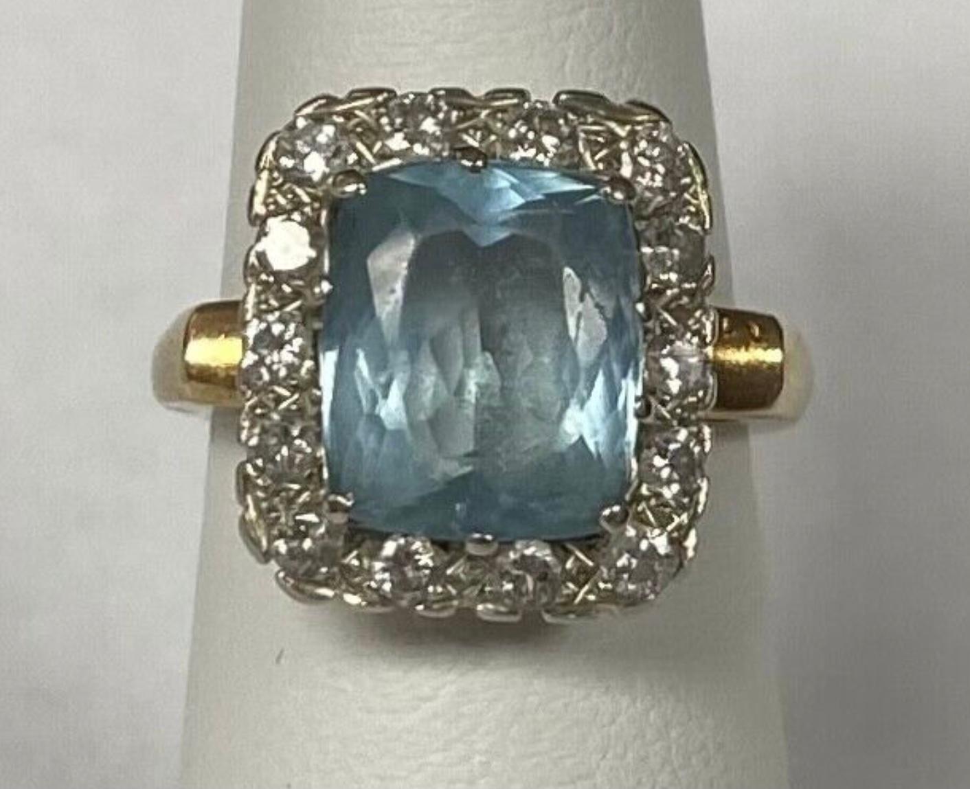 Square Cut 14K Yellow Gold Aquamarine with Diamonds Ring For Sale