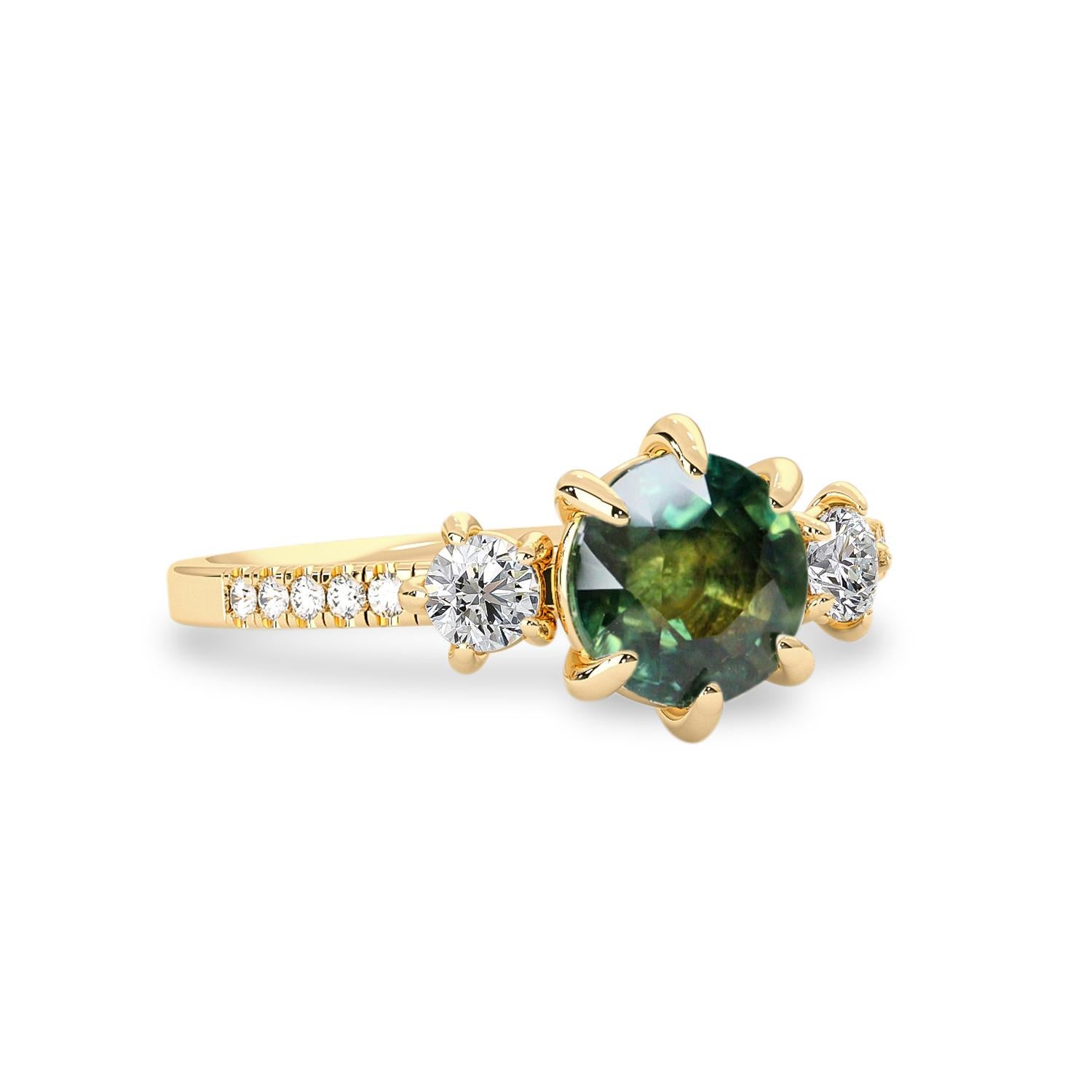 For Sale:  14k Yellow Gold Ariel Sapphire Three Stone Engagement Ring, Sapphire & Diamond 2
