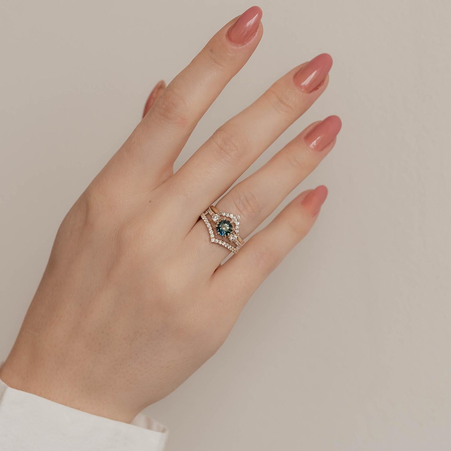 For Sale:  14k Yellow Gold Ariel Sapphire Three Stone Engagement Ring, Sapphire & Diamond 3