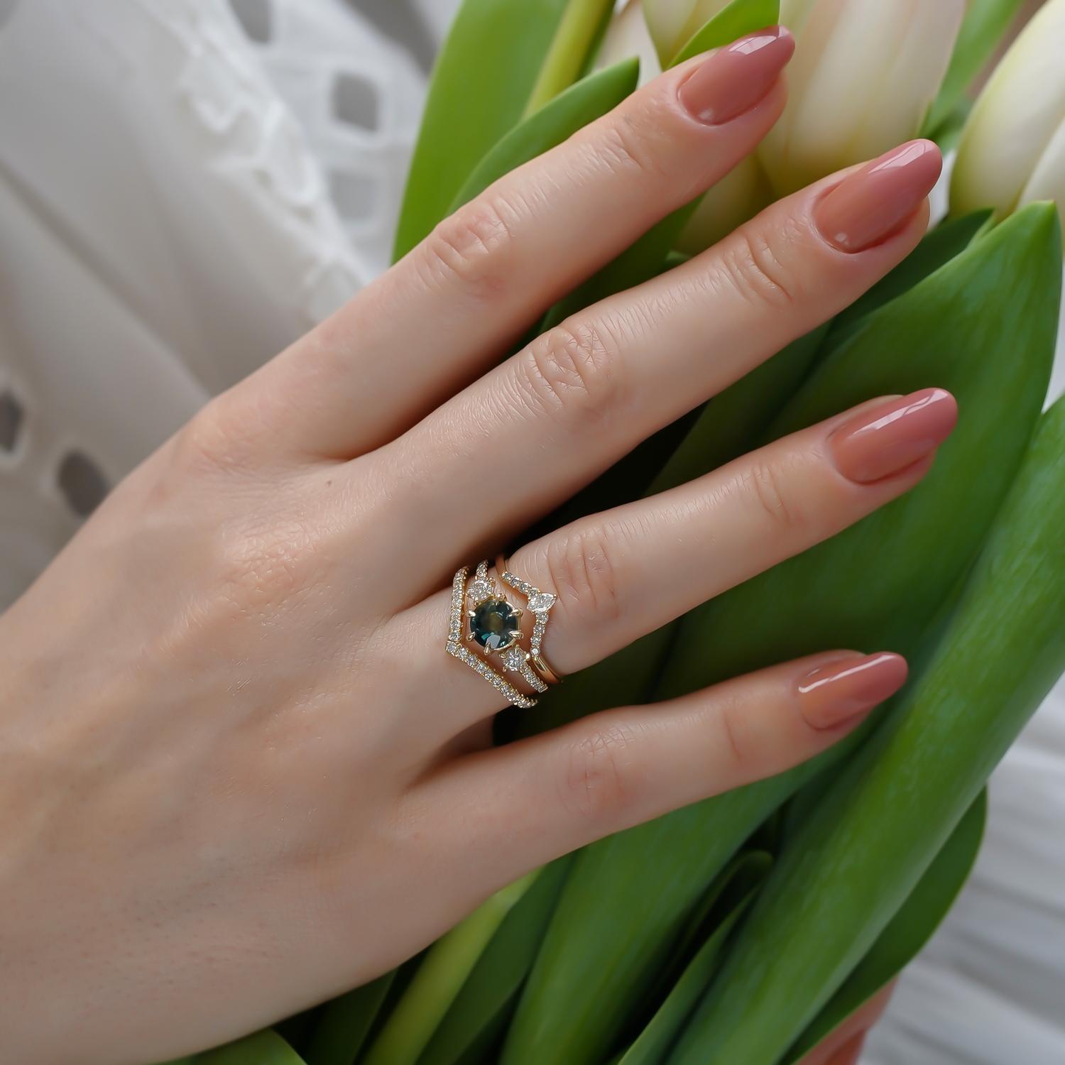 For Sale:  14k Yellow Gold Ariel Sapphire Three Stone Engagement Ring, Sapphire & Diamond 4