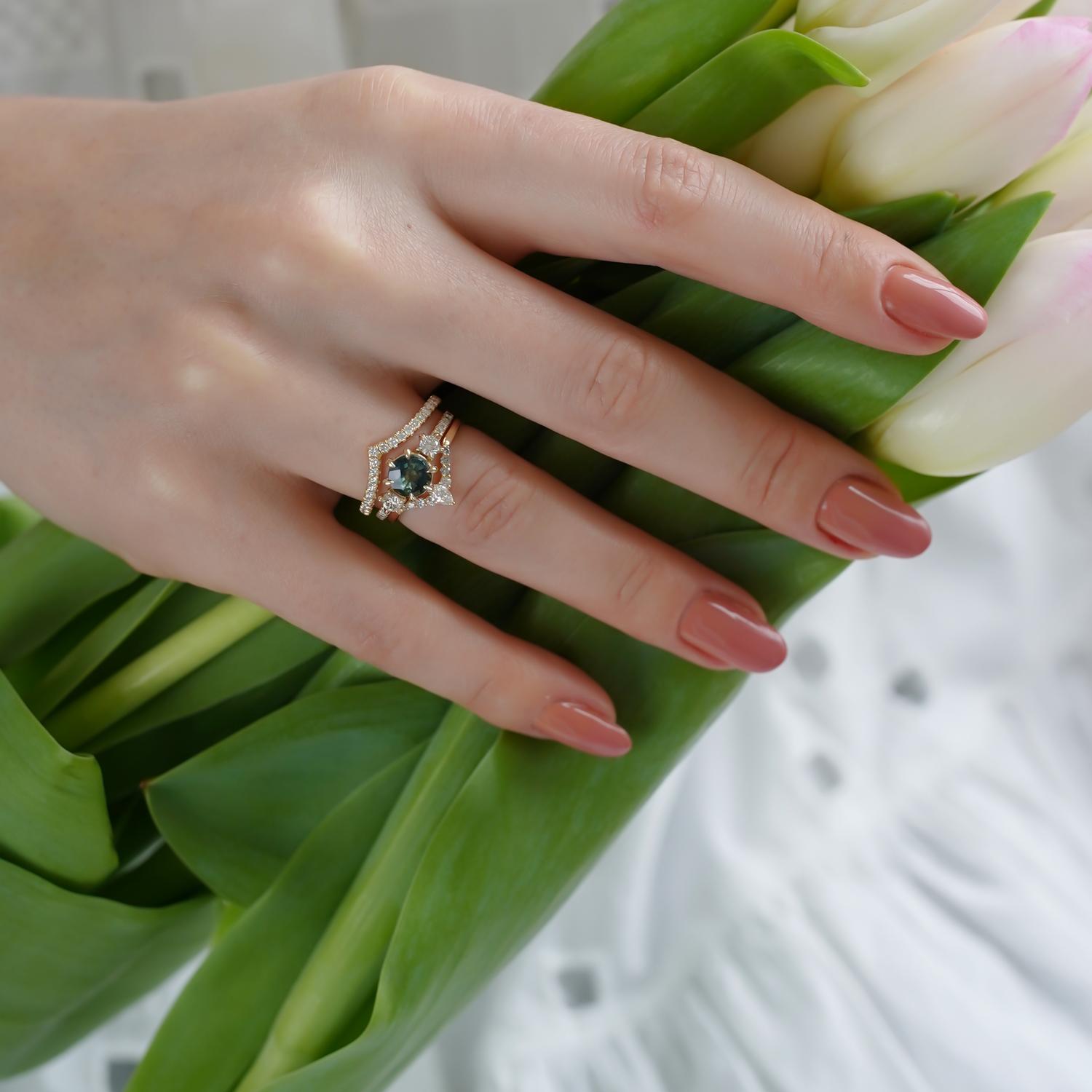 For Sale:  14k Yellow Gold Ariel Sapphire Three Stone Engagement Ring, Sapphire & Diamond 5