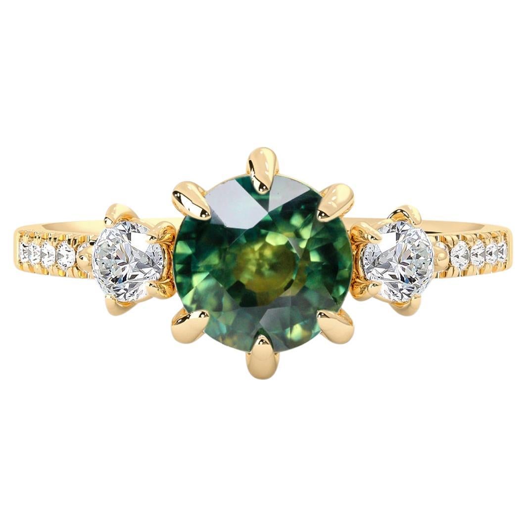 For Sale:  14k Yellow Gold Ariel Sapphire Three Stone Engagement Ring, Sapphire & Diamond