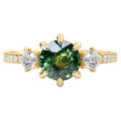 14k Yellow Gold Ariel Sapphire Three Stone Engagement Ring, Sapphire & Diamond